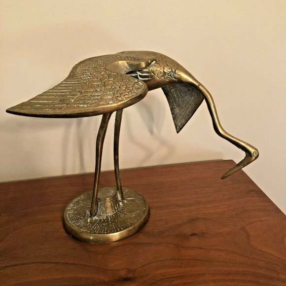 Brass Crane Bird Figurine Vintage Mid Century Egret Heron Statue Retro